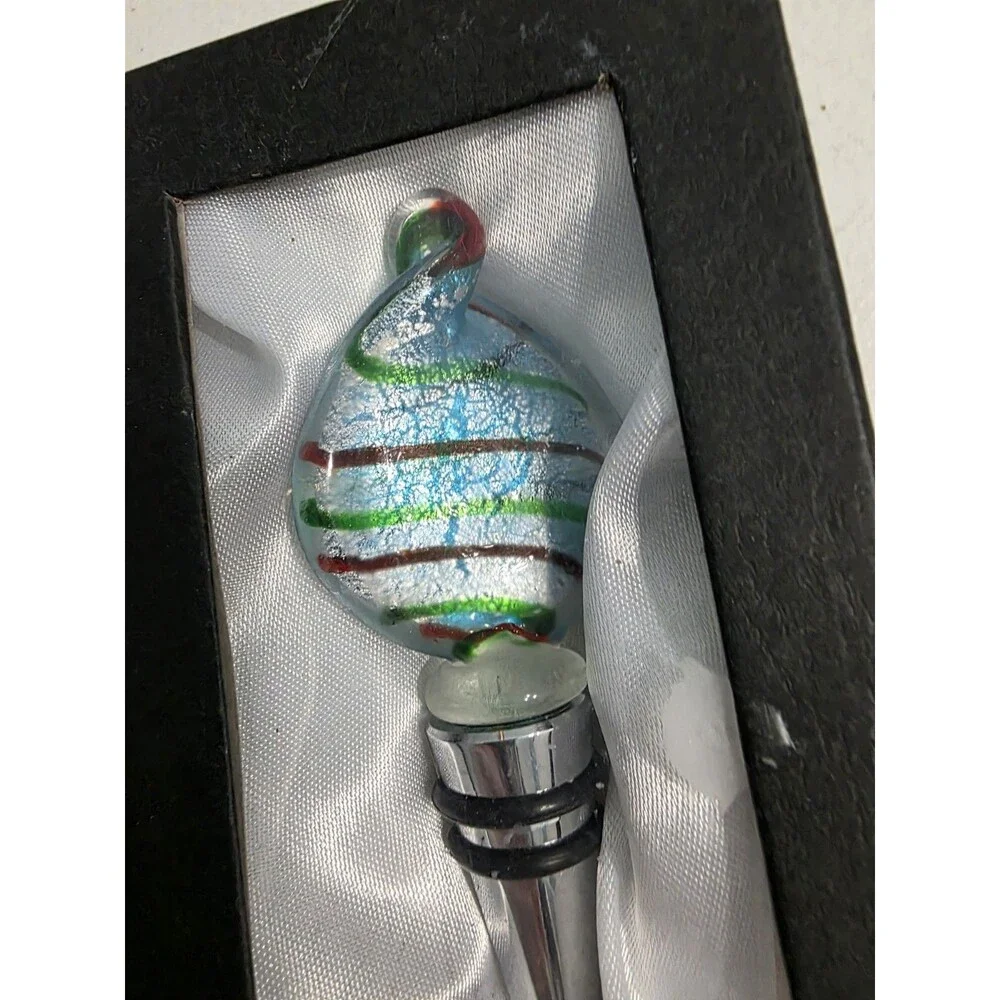 Art Glass Wine Bottle Stopper Blue Silver Stripped Swirl Red Tip 4.5